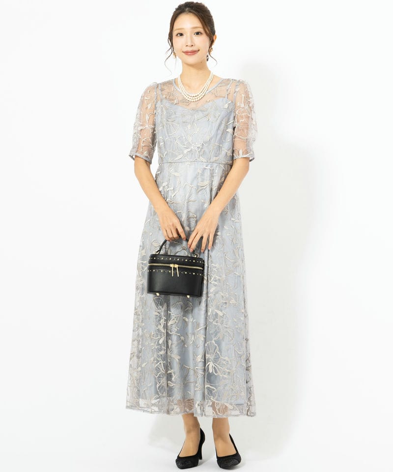 Aimer エメ ビオラモチーフスパンコール刺繍バックシャンドレス ブルー