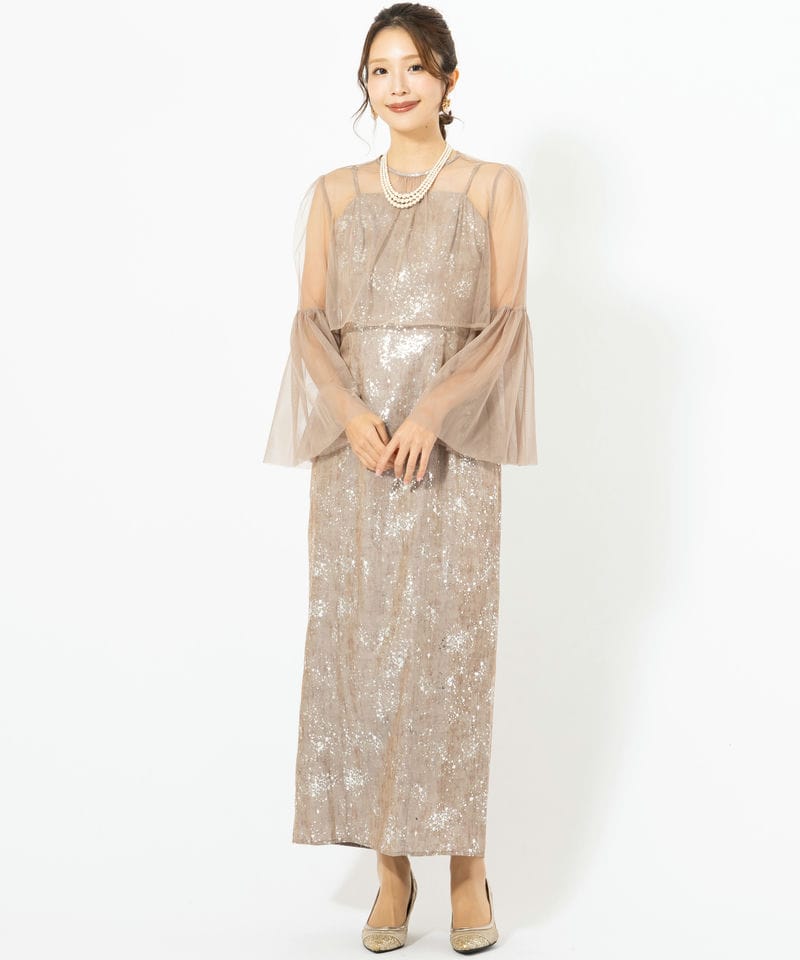 Leja レジャ シアーチュールベルスリーブペイントIラインドレス グレー