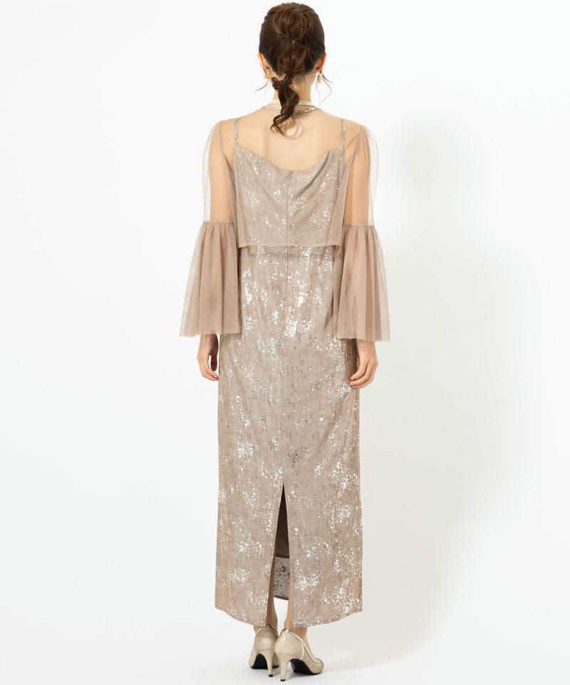 Leja レジャ シアーチュールベルスリーブペイントIラインドレス グレー