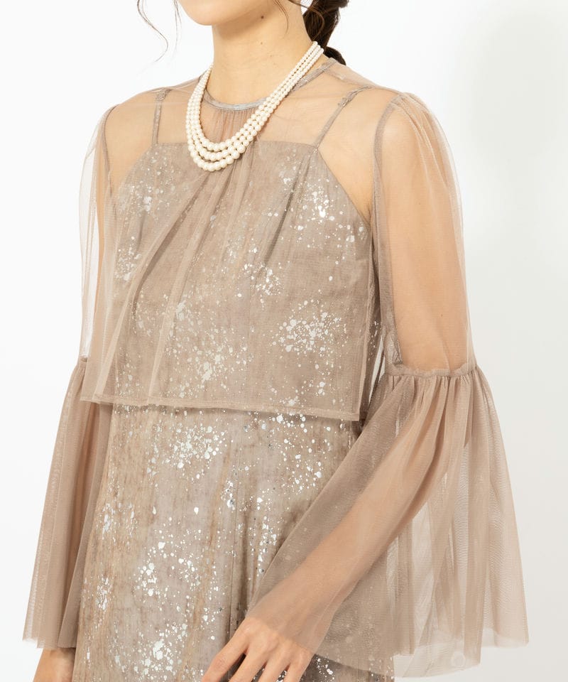 Leja レジャ シアーチュールベルスリーブペイントIラインドレス グレー