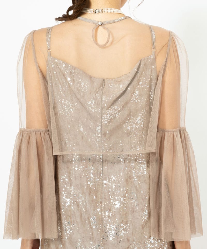 Leja レジャ シアーチュールベルスリーブペイントIラインドレス グレー