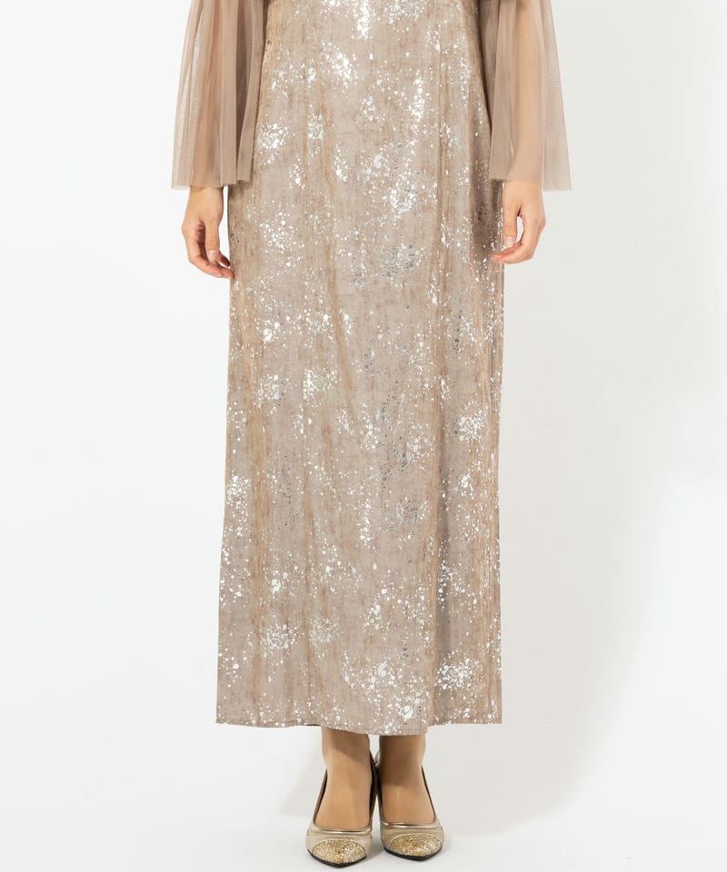 Leja レジャ シアーチュールベルスリーブペイントIラインドレス グレー