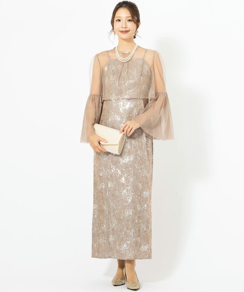 Leja レジャ シアーチュールベルスリーブペイントIラインドレス グレー