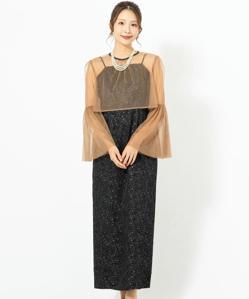 Leja レジャ シアーチュールベルスリーブペイントIラインドレス グレー