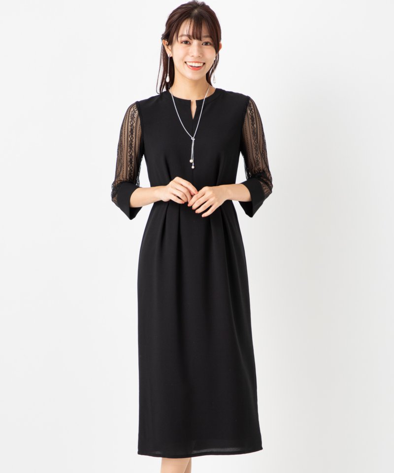 Aimer 袖ストライプレースIラインドレス ブラック系 | 結婚式