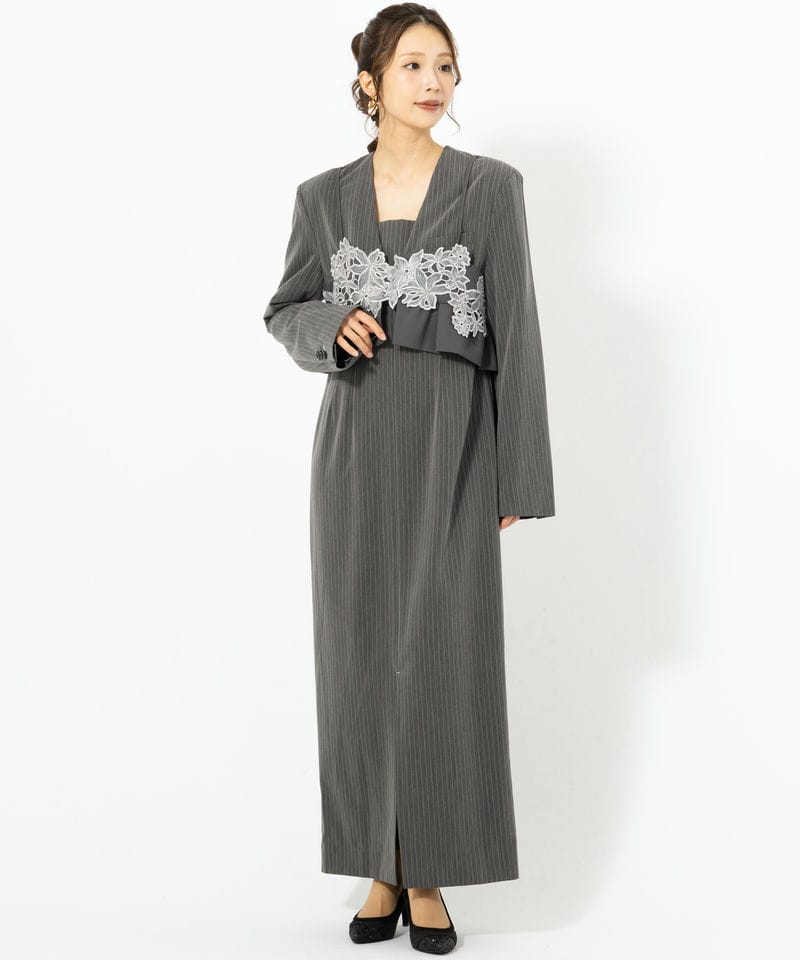 最終値下げ　ピンストライプテーラードビスチェドレス ANDRESD 結婚式 ANDRESD アンドレスド ピンストライプテーラードビスチェドレス グレー