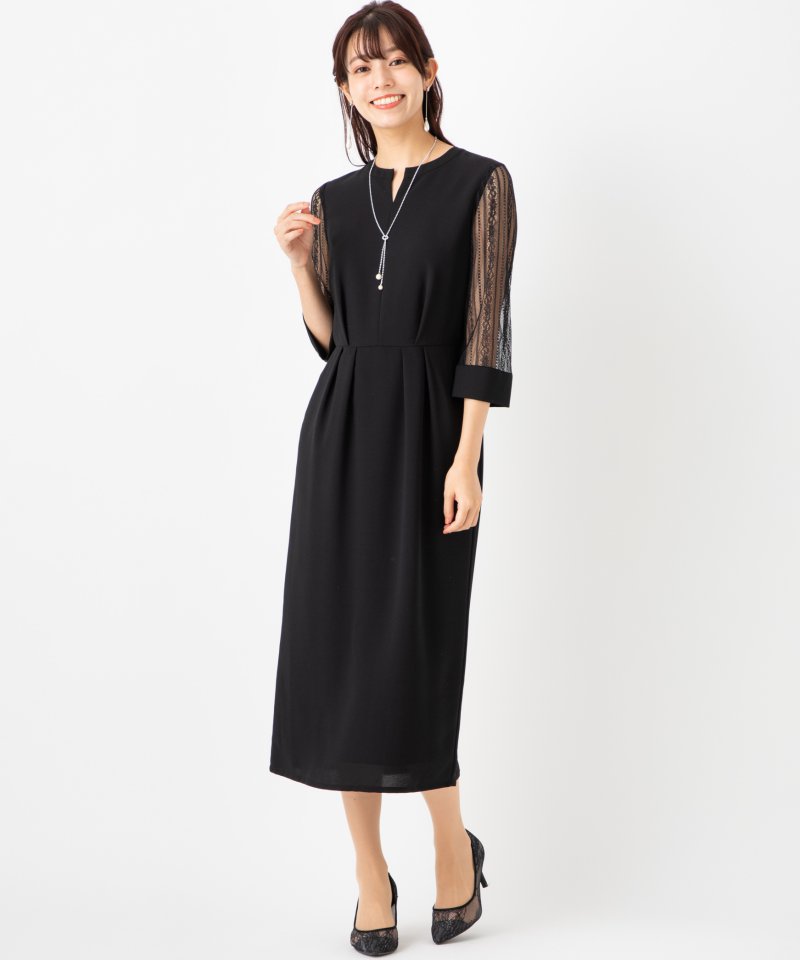 Aimer 袖ストライプレースIラインドレス ブラック系 | 結婚式