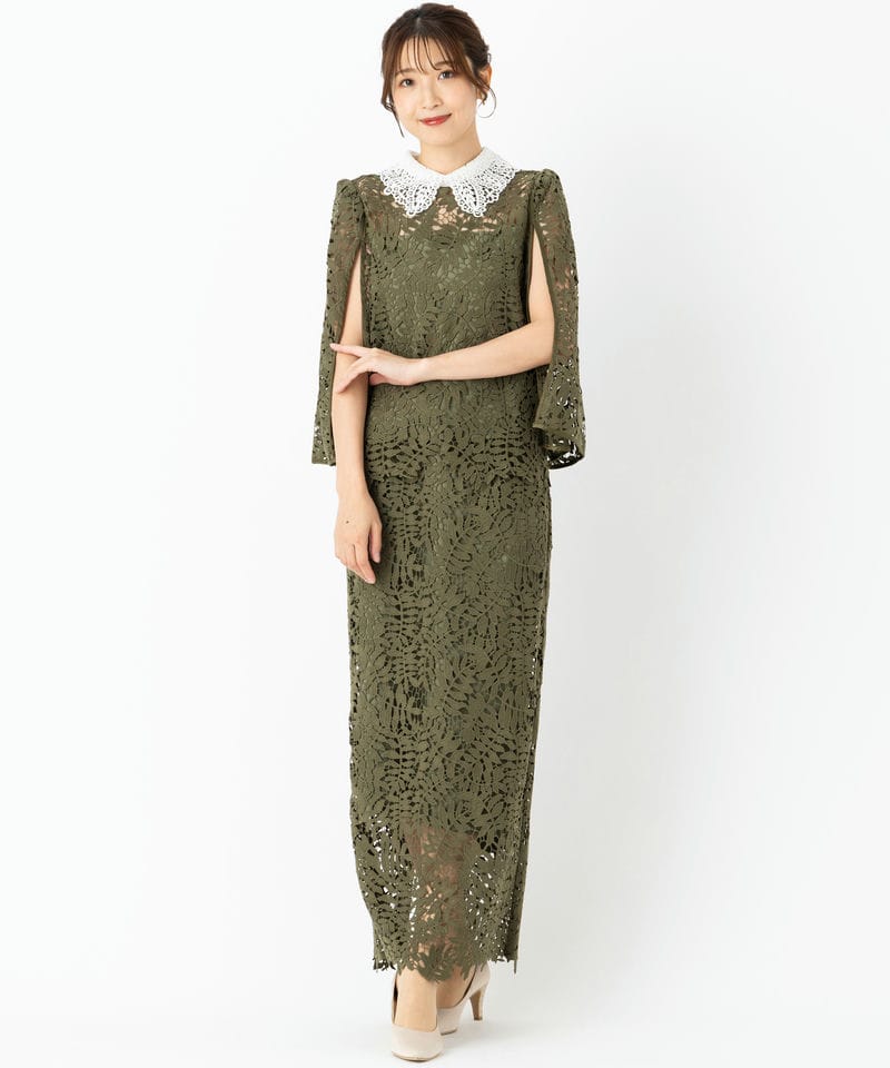 Leja レジャ リーフレースカラースリットスリーブセットアップドレス