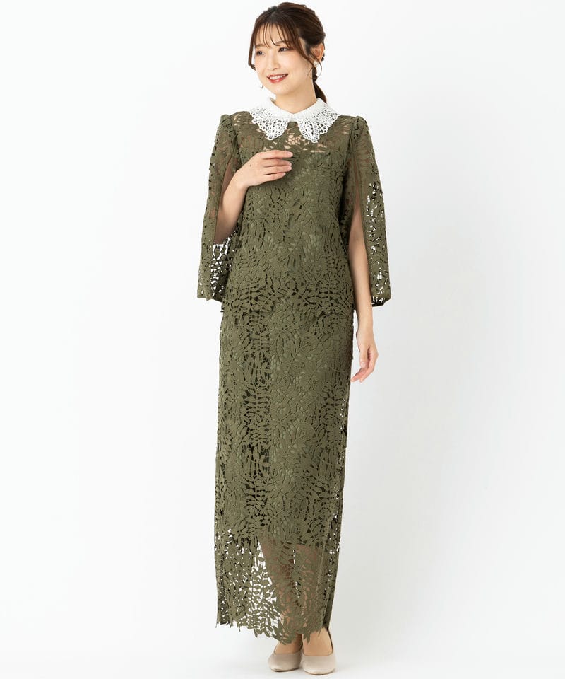 Leja レジャ リーフレースカラースリットスリーブセットアップドレス