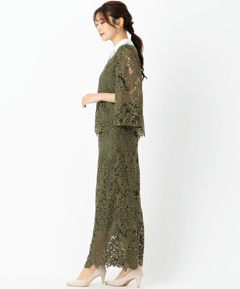 Leja レジャ リーフレースカラースリットスリーブセットアップドレス