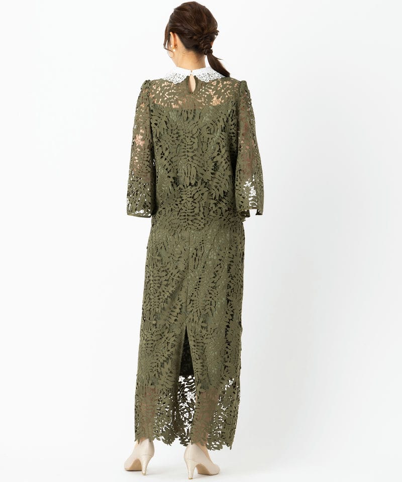 Leja レジャ リーフレースカラースリットスリーブセットアップドレス