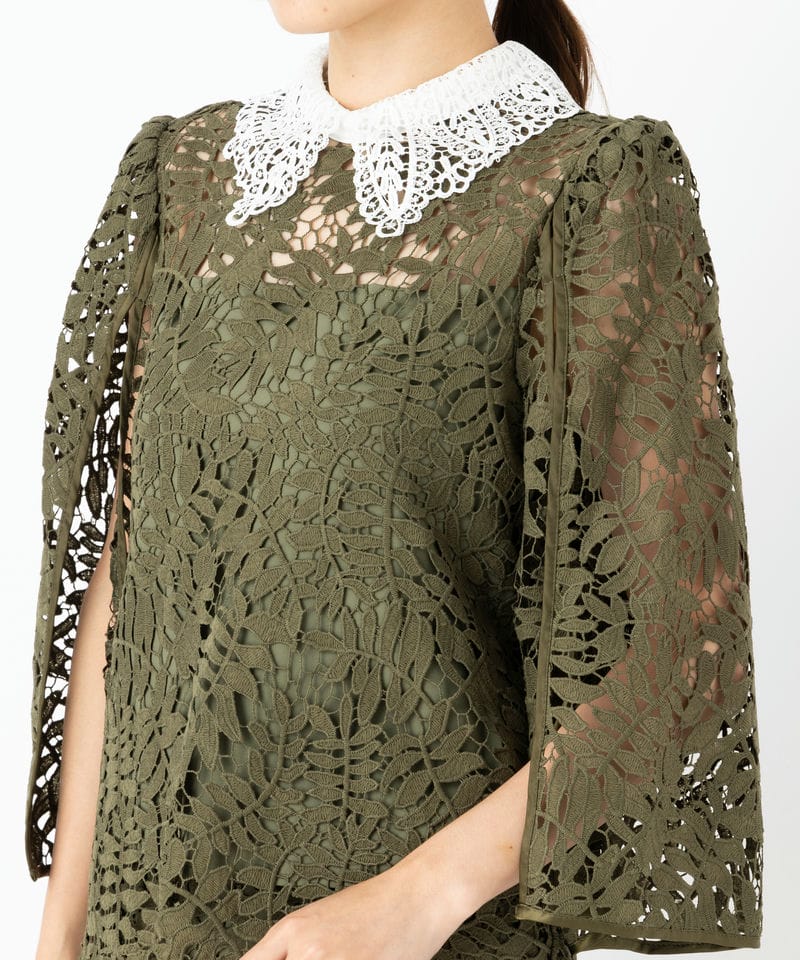 Leja レジャ リーフレースカラースリットスリーブセットアップドレス