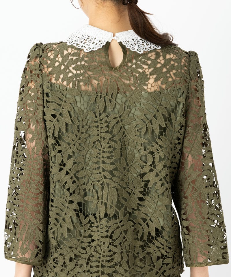 Leja レジャ リーフレースカラースリットスリーブセットアップドレス