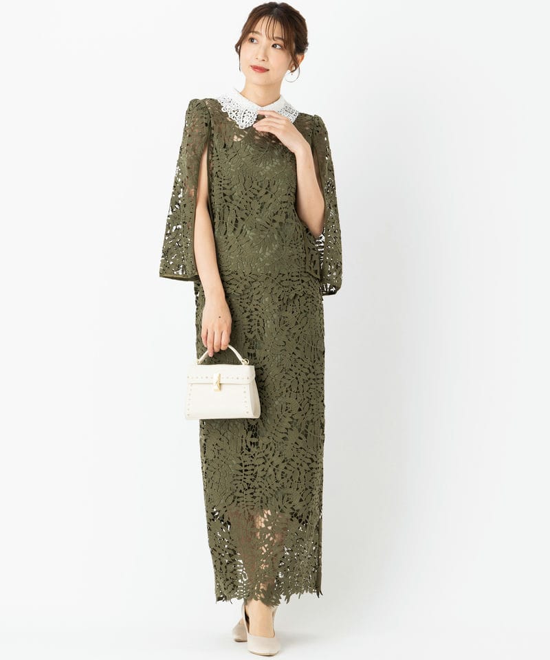 Leja レジャ リーフレースカラースリットスリーブセットアップドレス