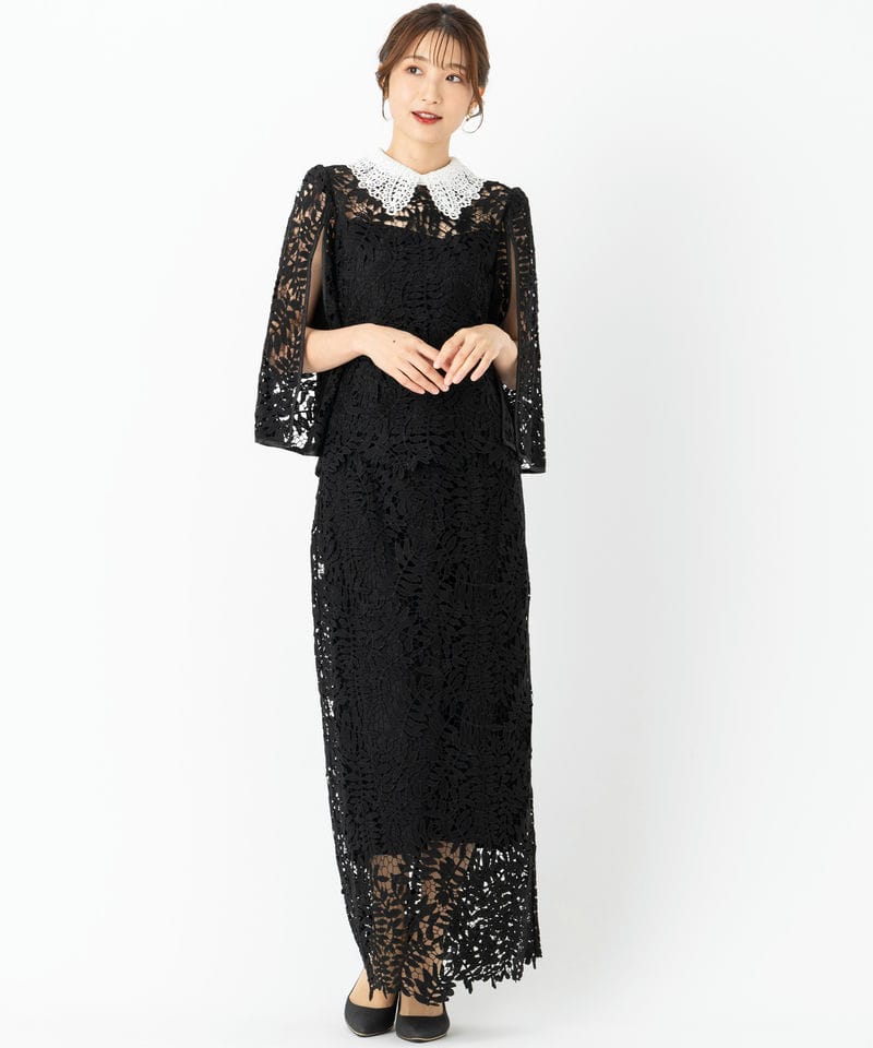 Leja レジャ リーフレースカラースリットスリーブセットアップドレス