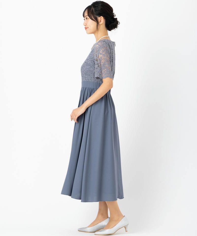 AIMER ラッセルレース×チュール パーティードレス　水色　ブルーグレー Aimer 袖付きラッセルレースフレアードレス ブルー系 | 結婚式