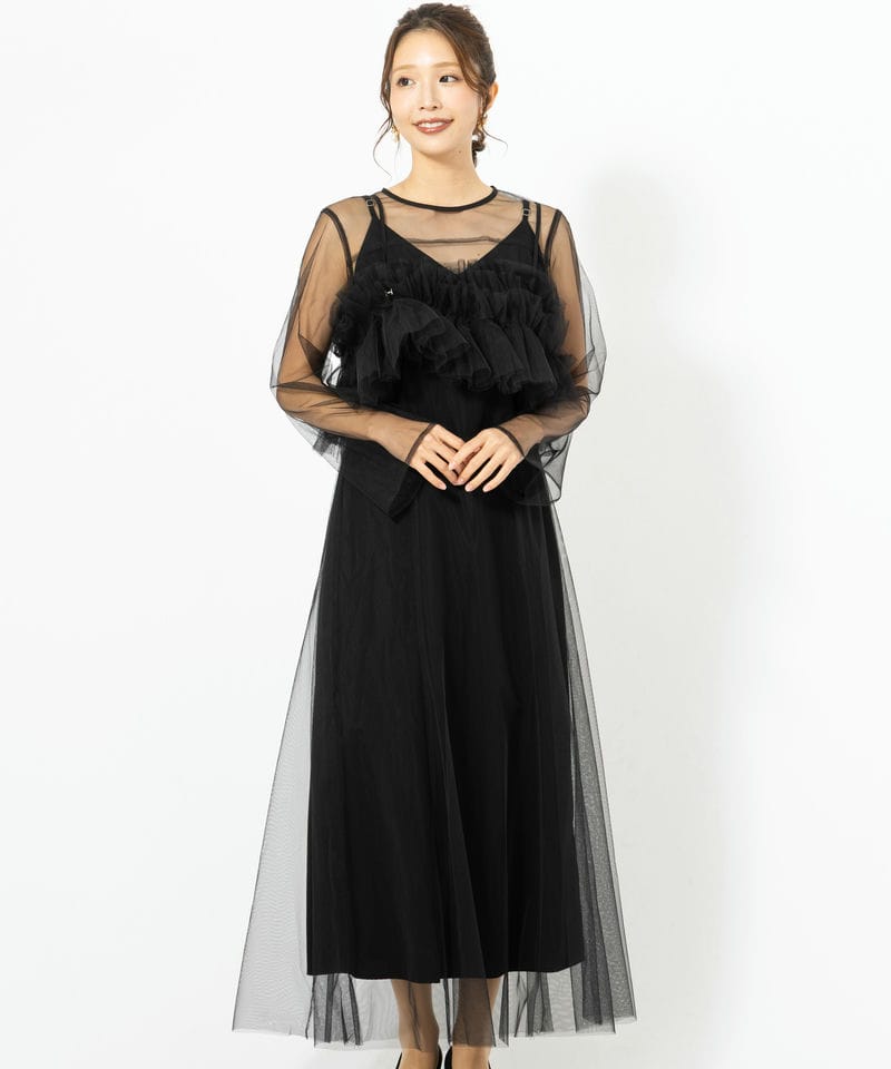 Leja レジャ ドットストーンギャザーチュールAラインドレス ブラック系