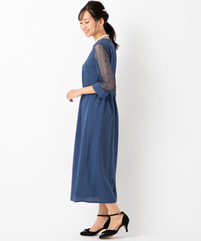 Aimer 袖ストライプレースIラインドレス ブルー系 | 結婚式パーティー