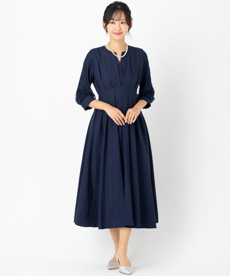 Select Shop レーススリーブXラインキーネックドレス ネイビー系