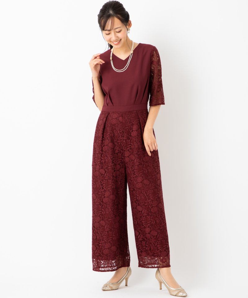 Aimer エメ Vネックラッセルレースオールインワンパンツドレス レッド