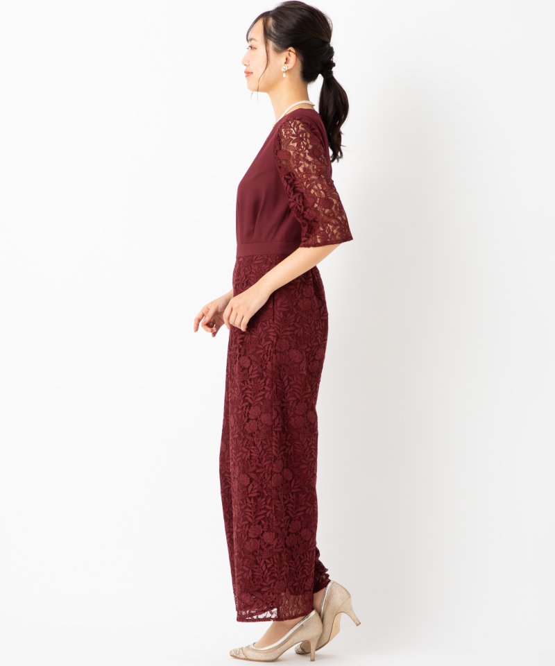Aimer エメ Vネックラッセルレースオールインワンパンツドレス レッド