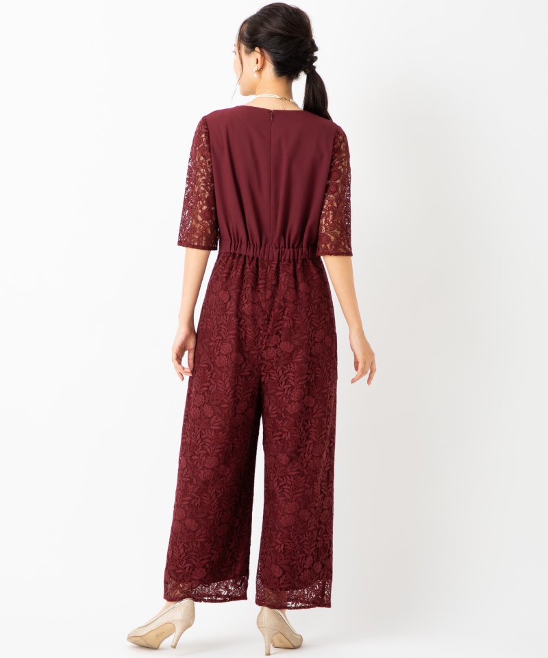 Aimer エメ Vネックラッセルレースオールインワンパンツドレス レッド