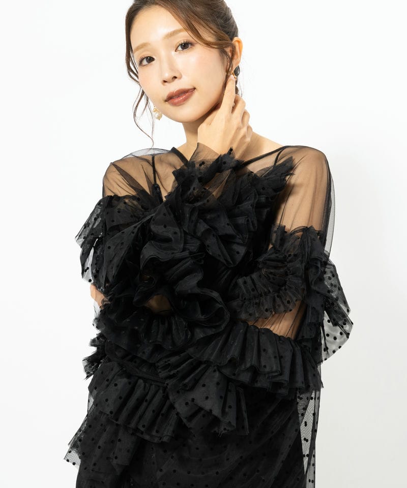 Leja レジャ ドットストーンギャザーチュールAラインドレス ブラック系