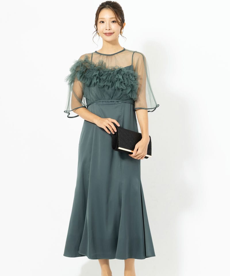 【LEJA】ボリュームチュールパイピングフレアドレス2点セット グリーン Leja 【ドレス2点SET】レジャ ボリュームチュールパイピングフレ
