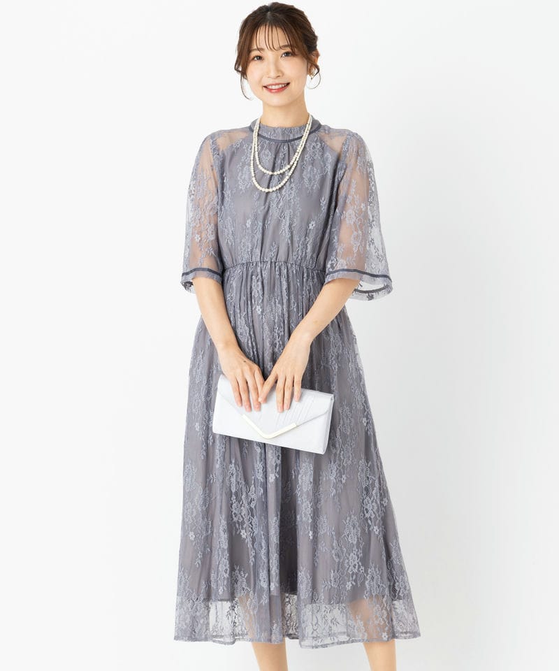 Leja レジャ ハイウエストチュールレース切り替えドレス グレー系