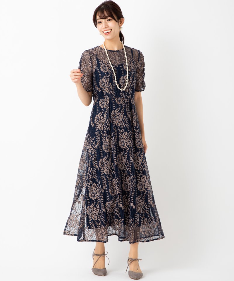 kaene カエン 配色レースギャザードレス ネイビー系 | 結婚式