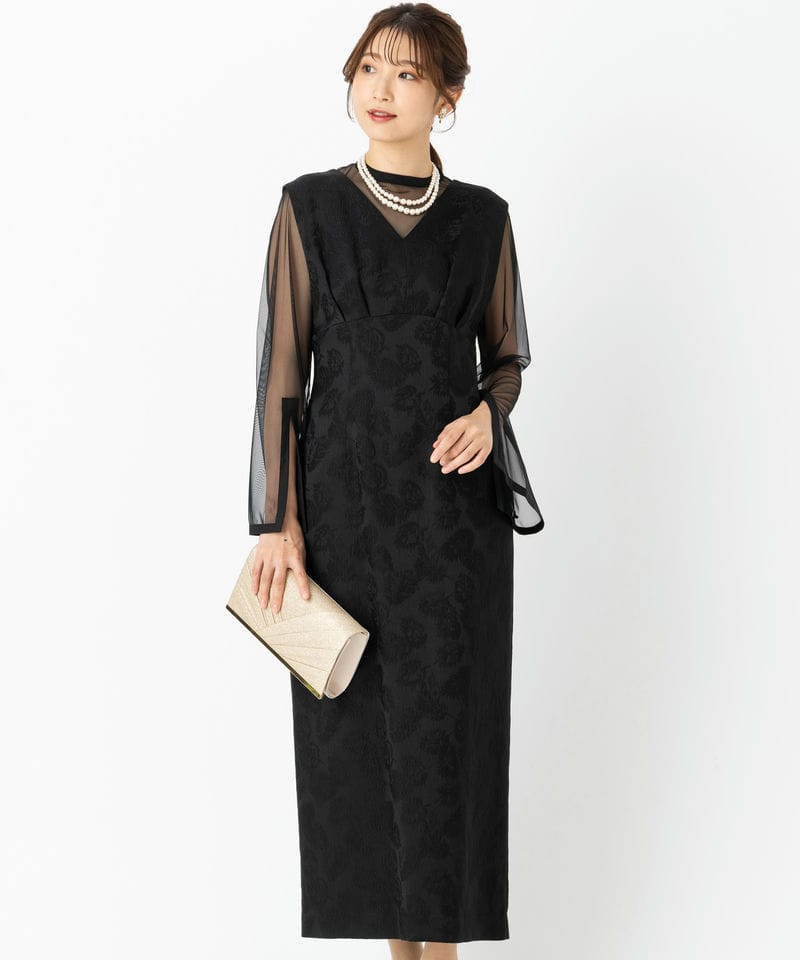 Aimer エメ チュールブラウス付Vネックジャカードタイトドレス