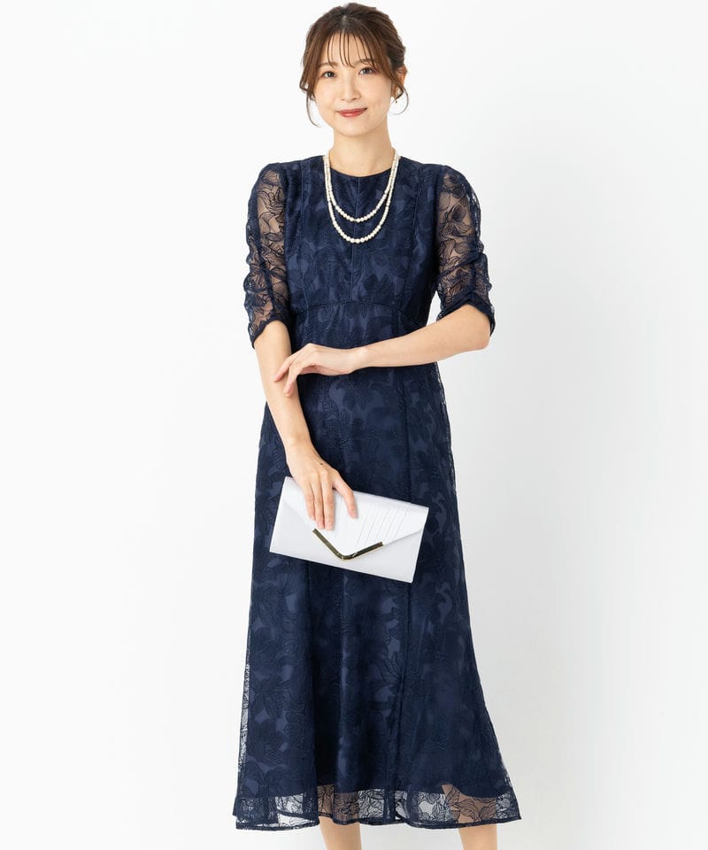 Aimer 【ドレス3点セット】Vネックロングスリーブドレス ネイビー系