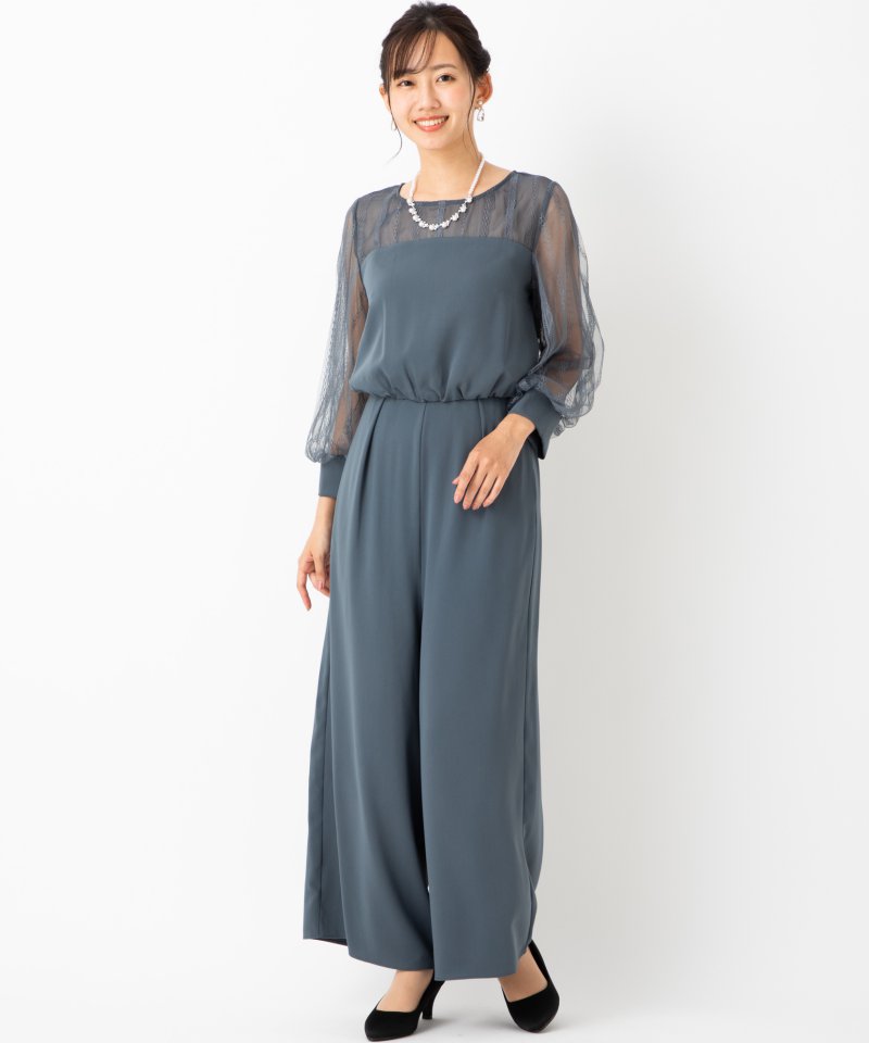Aimer エメ ストライプレースボリュームスリーブオールインワンドレス