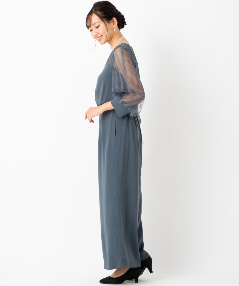 Aimer エメ ストライプレースボリュームスリーブオールインワンドレス