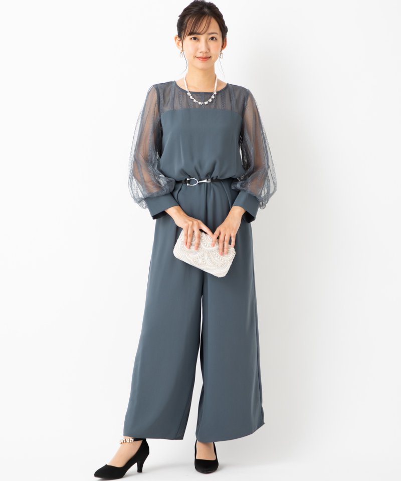 Aimer エメ ストライプレースボリュームスリーブオールインワンドレス