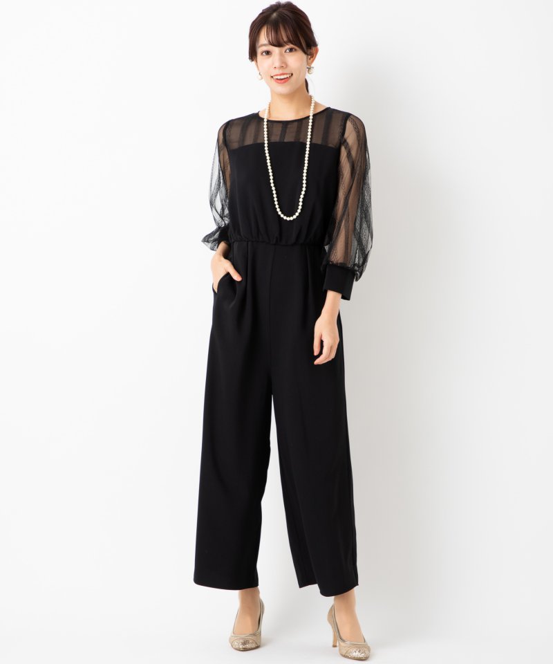 Aimer エメ ストライプレースボリュームスリーブオールインワンドレス