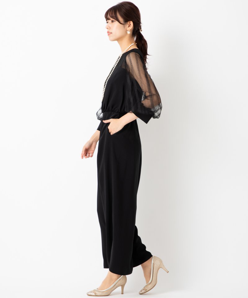 Aimer エメ ストライプレースボリュームスリーブオールインワンドレス
