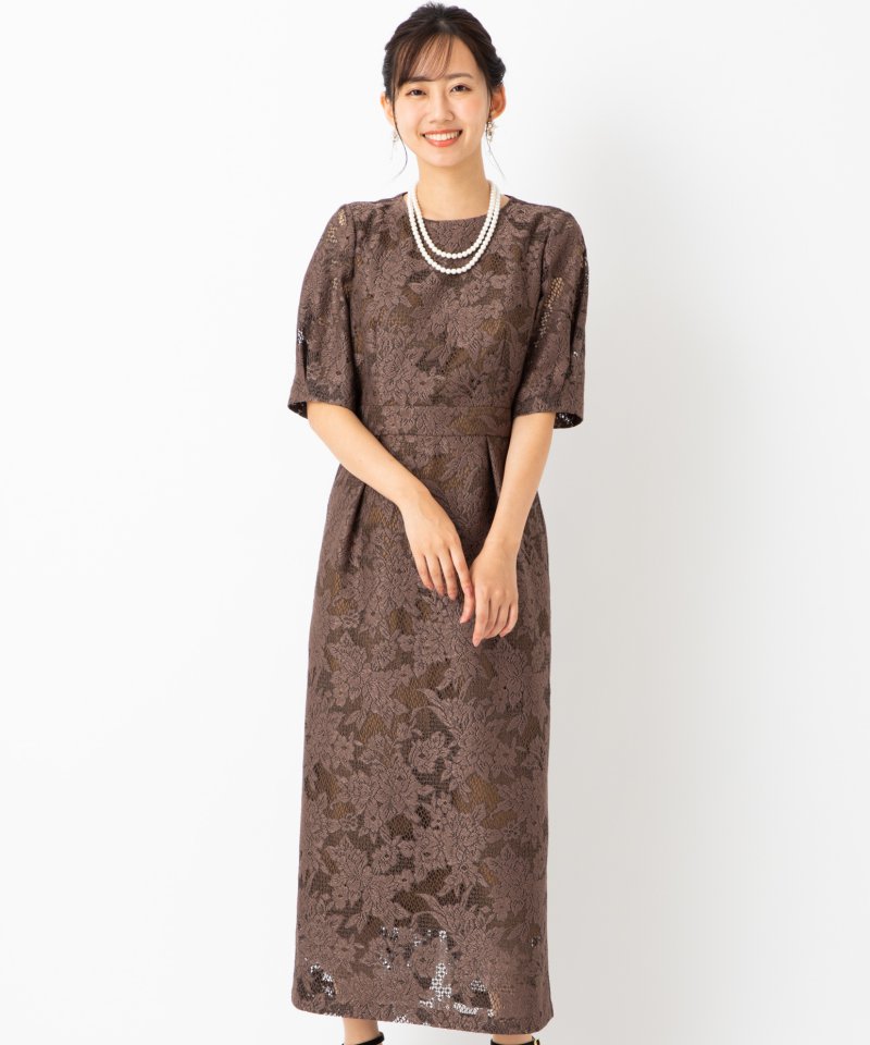 Aimer ジャカードレース袖付きタイトラインドレス ブラウン系 | 結婚式