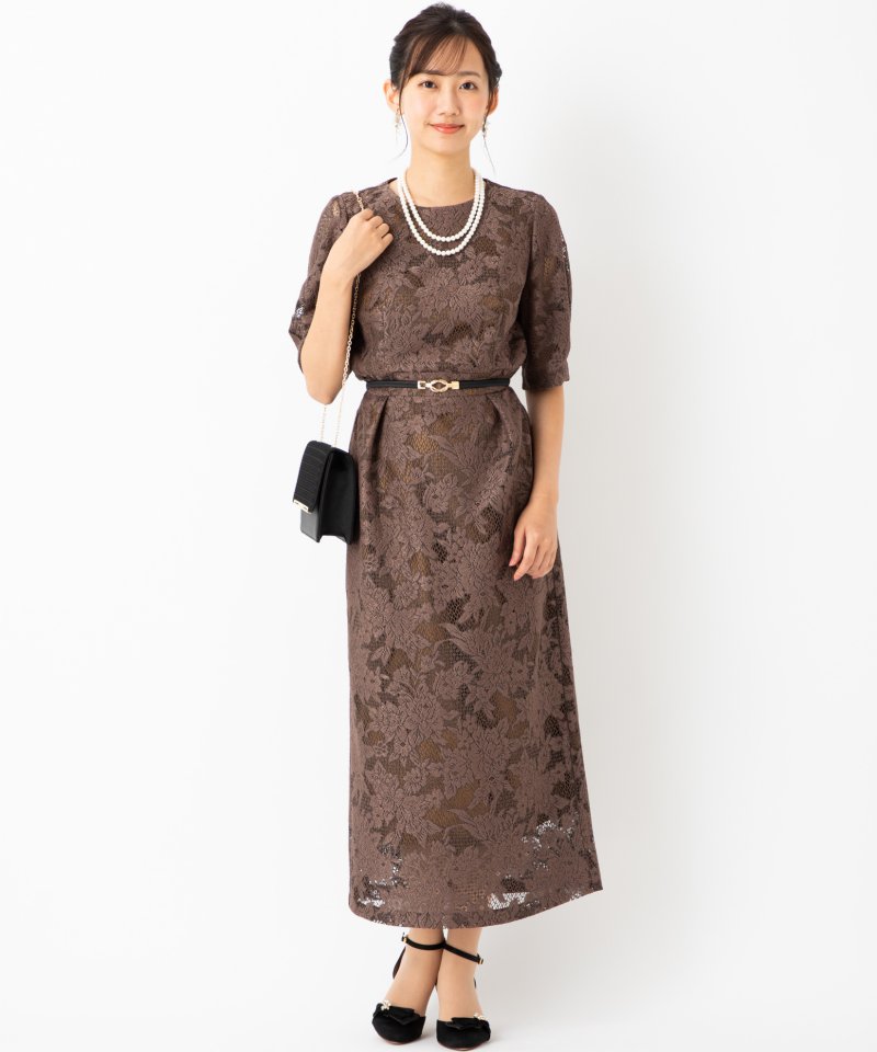Aimer ジャカードレース袖付きタイトラインドレス ブラウン系 | 結婚式