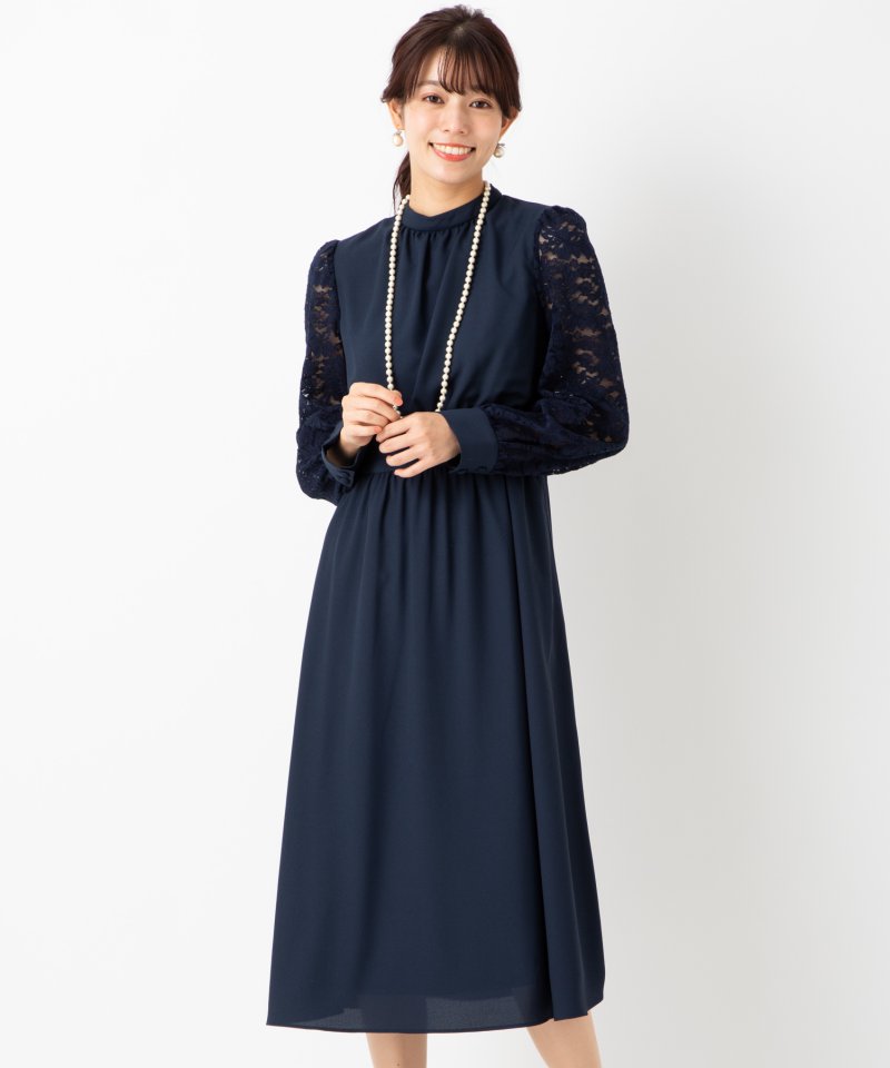 SHIPS フロントボタンフレアスリーブワンピース ネイビー系 | 結婚式