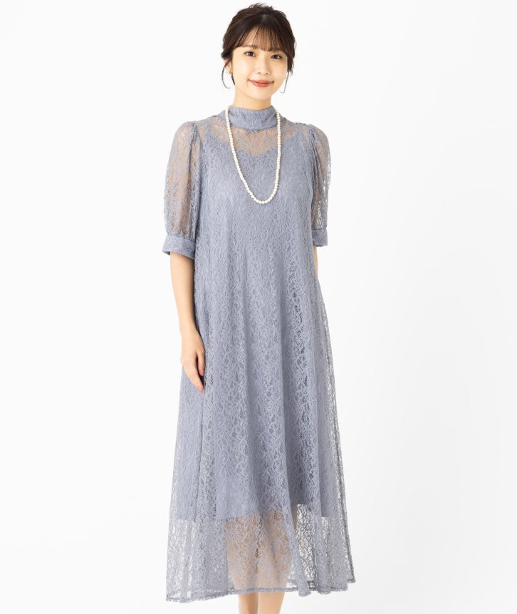 etoll. エトル インナー付きバックリボンレースドレス その他 x ブルー