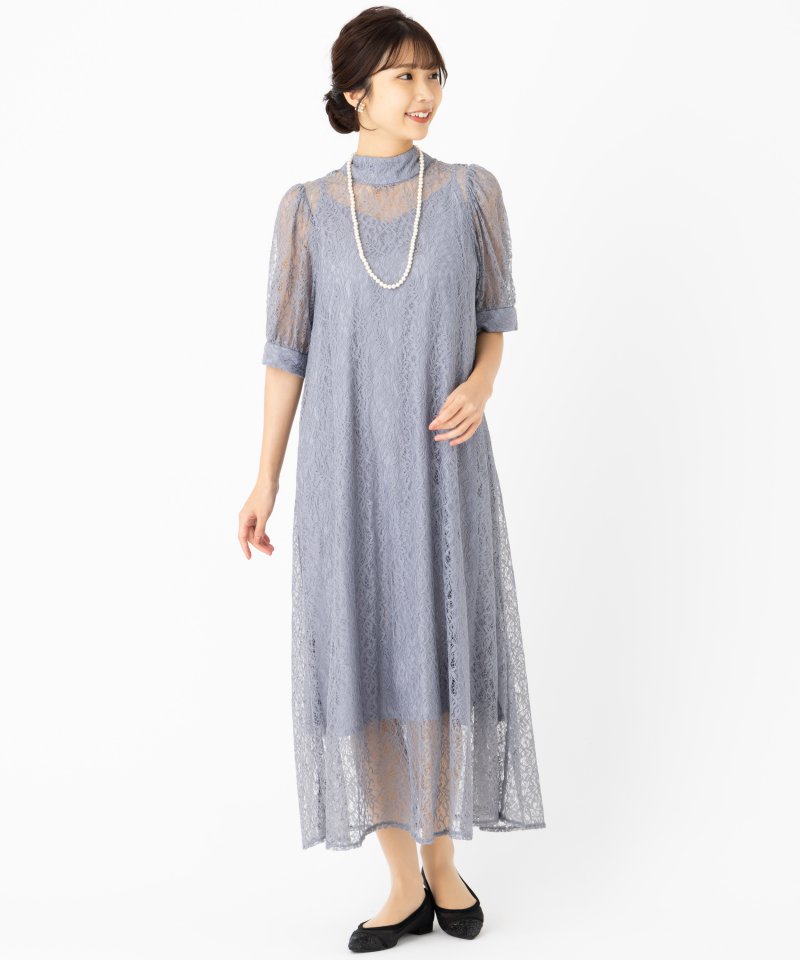 etoll. エトル インナー付きバックリボンレースドレス その他 x ブルー