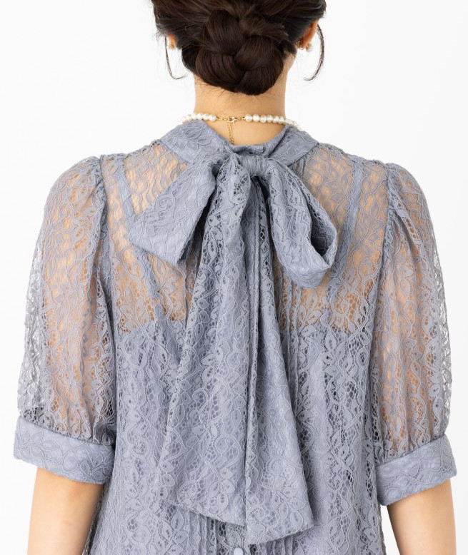 etoll. エトル インナー付きバックリボンレースドレス その他 x ブルー