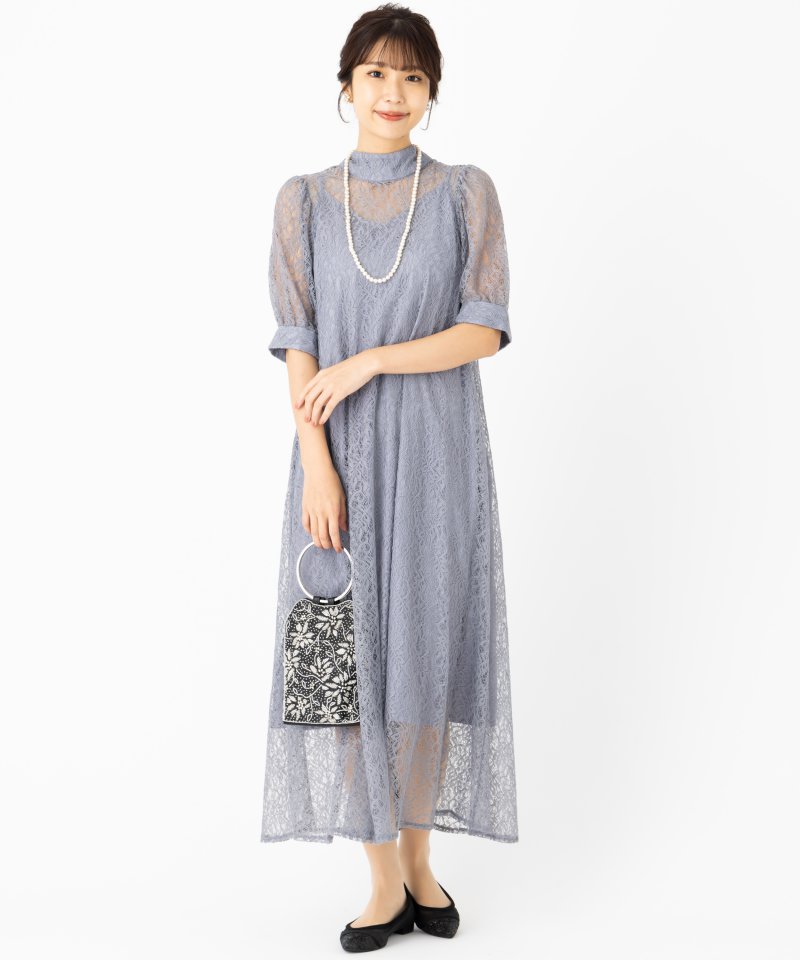 etoll. エトル インナー付きバックリボンレースドレス その他 x ブルー