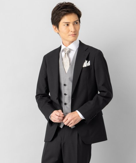 スーツセレクト　ビジネススーツ　セットアップ　スリーピース　ブラック SUIT SELECT スーツセレクト レギュラーフィットスリーピーススーツ