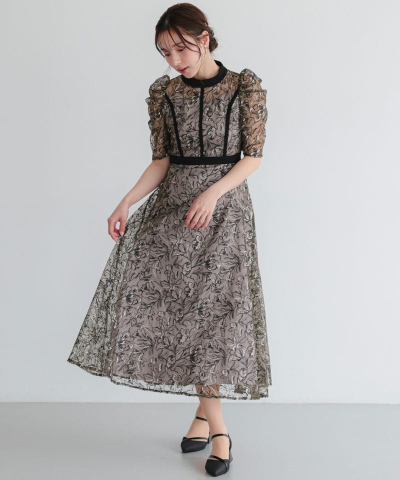Select Shop 配色パイピングフラワー刺繍チュールドレス ブラック系