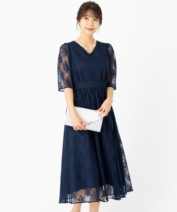 Aimer エメ プチハイネック5分袖レースドレス ネイビー系 | 結婚式