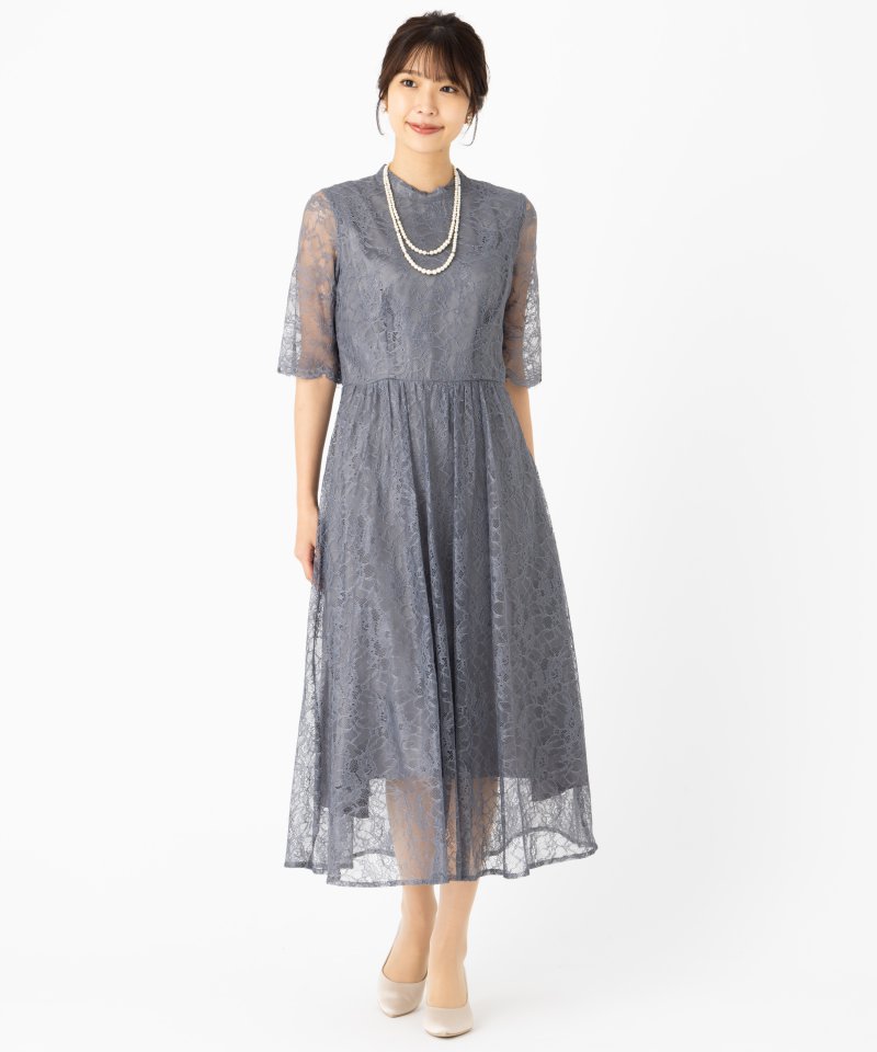 Aimer 【ドレス2点SET】ラッセルレース7分袖ロングドレス グレー系
