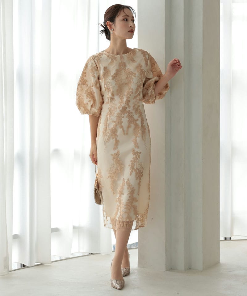 Select Shop リーフエンブロイダリーコクーンドレス ベージュ系 | 結婚