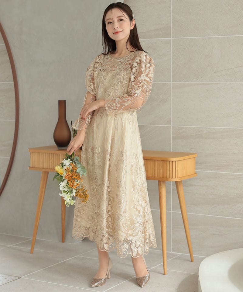 Select Shop フローイングリーフエンブロイダリードレス ベージュ系